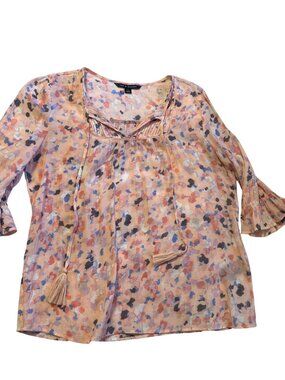 Zac & Rachel Floral Print Blouse With Tie Front & Tassels Semi-Sheer Ruffle Slee